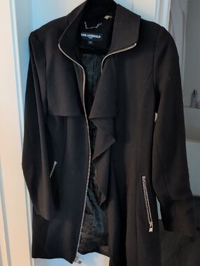 Karl Lagerfeld Black Zip-Front Trench Coat with Ruffle Detail